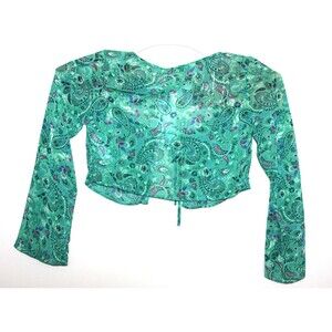 Stradivarius Womens Crop Top Floral Sheer Paisley Tie Green 100% Long Sleeve  M